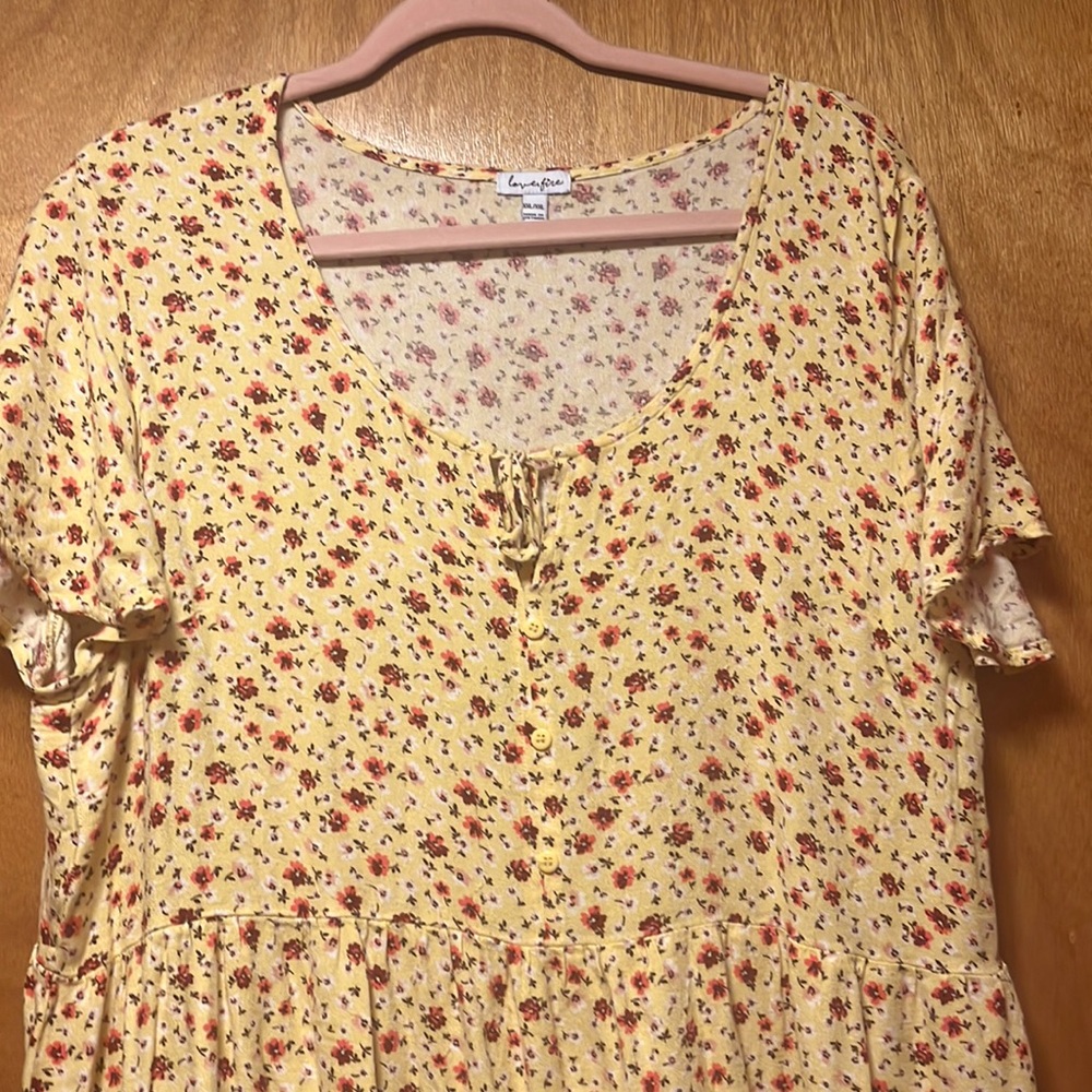 Warm yellow dress with two layers of gathering, buttons to waist, tie front